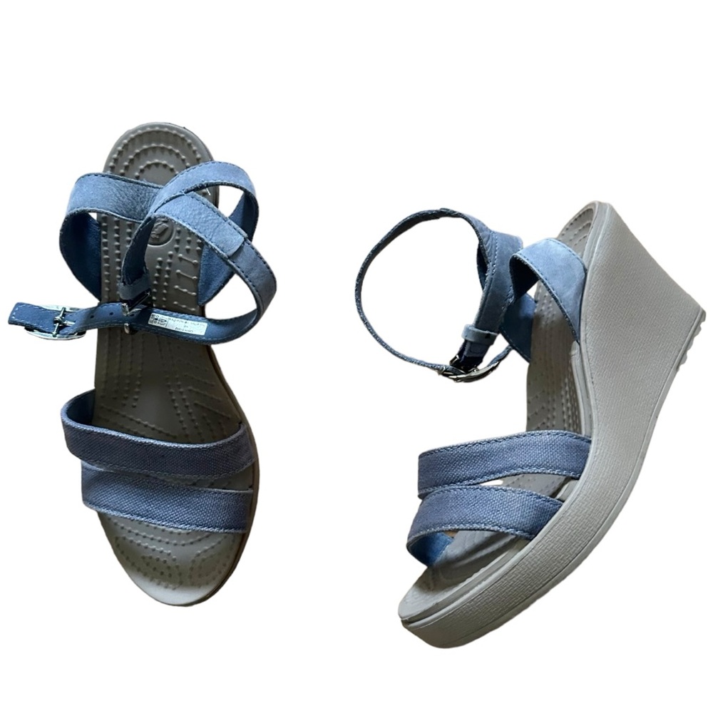 Crocs Women Leigh II Denim Cross-Strap Ankle Wedge Sandal - Blue, 6US